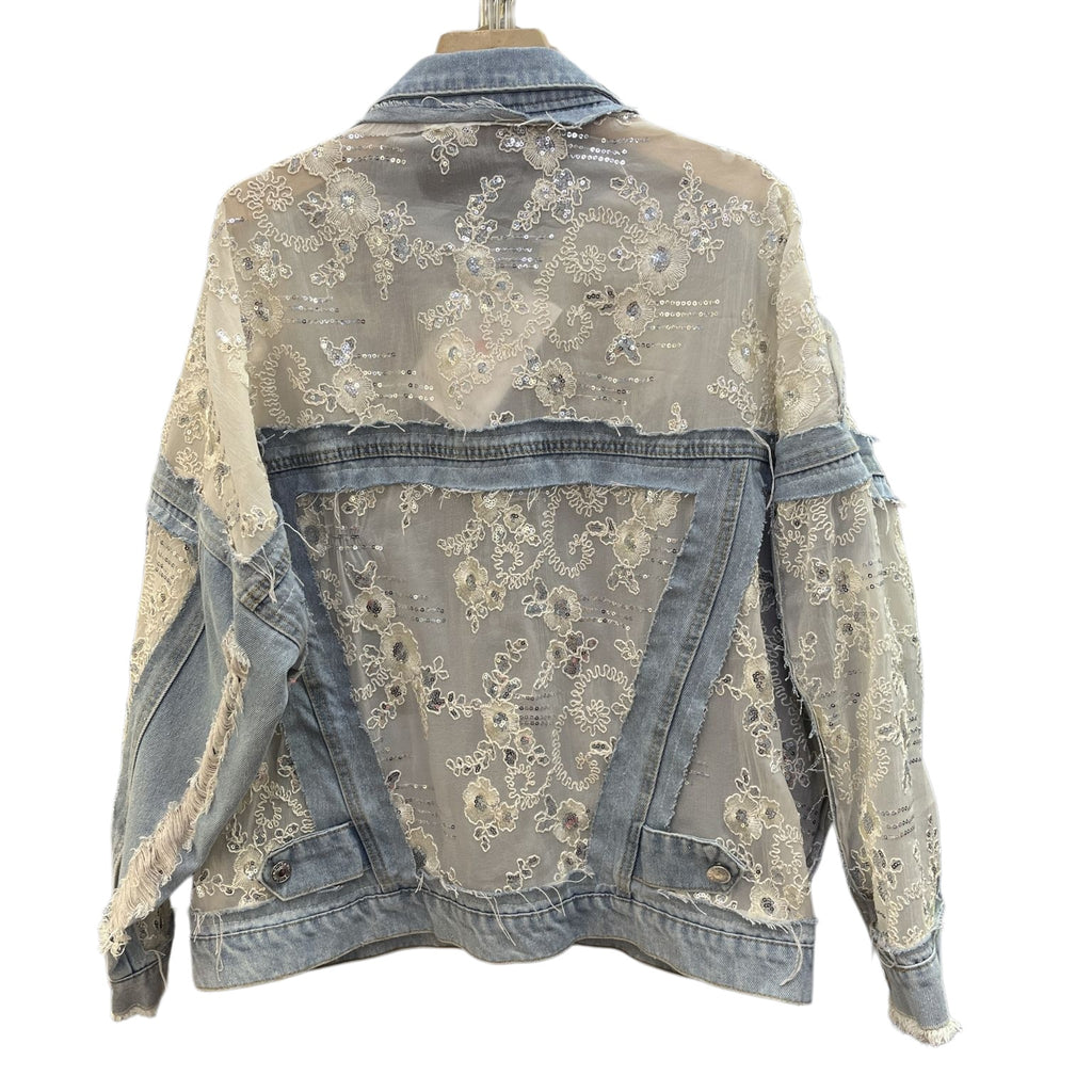 Sequin Embellished Lace Denim Jacket - Blue - 6