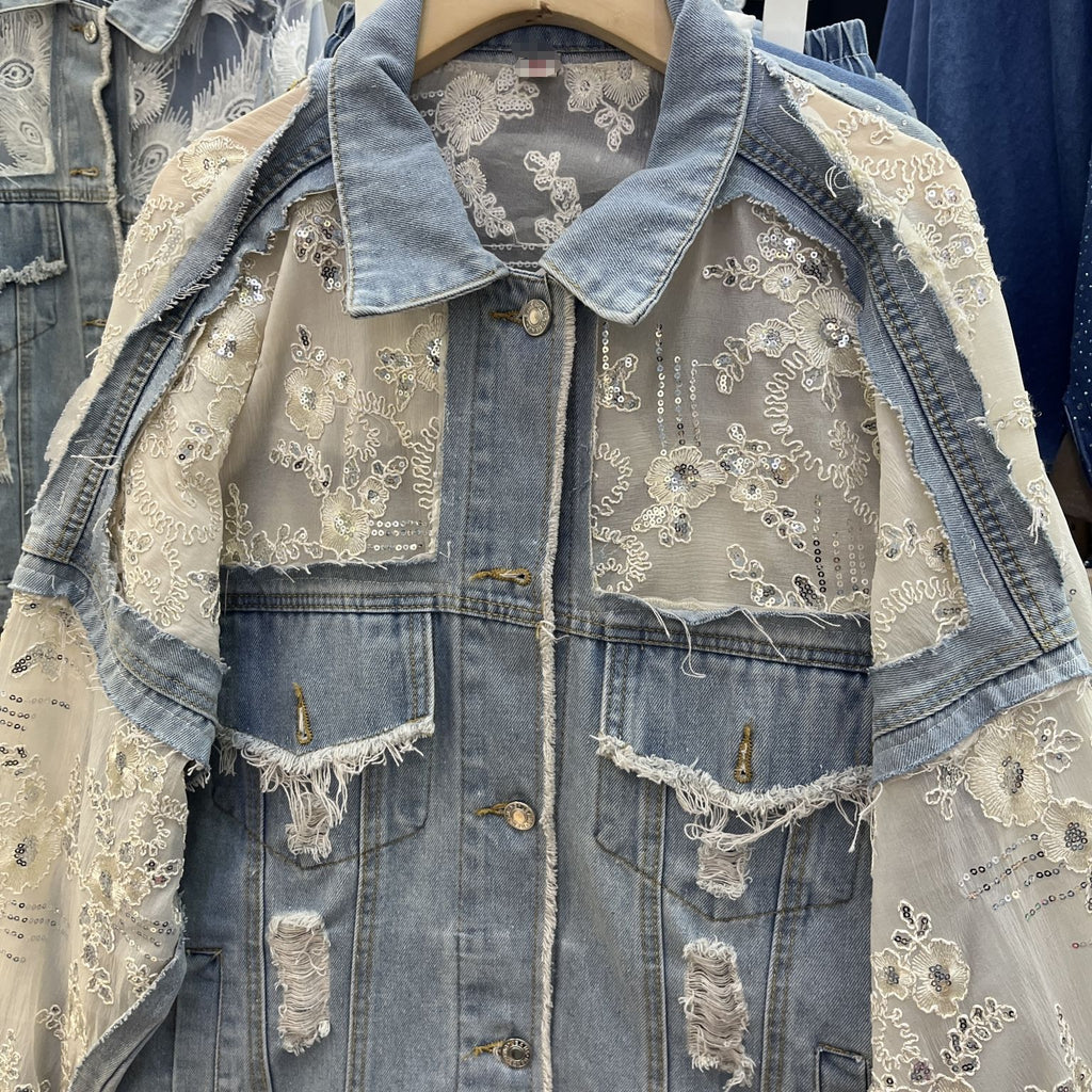 Sequin Embellished Lace Denim Jacket - Blue - 8