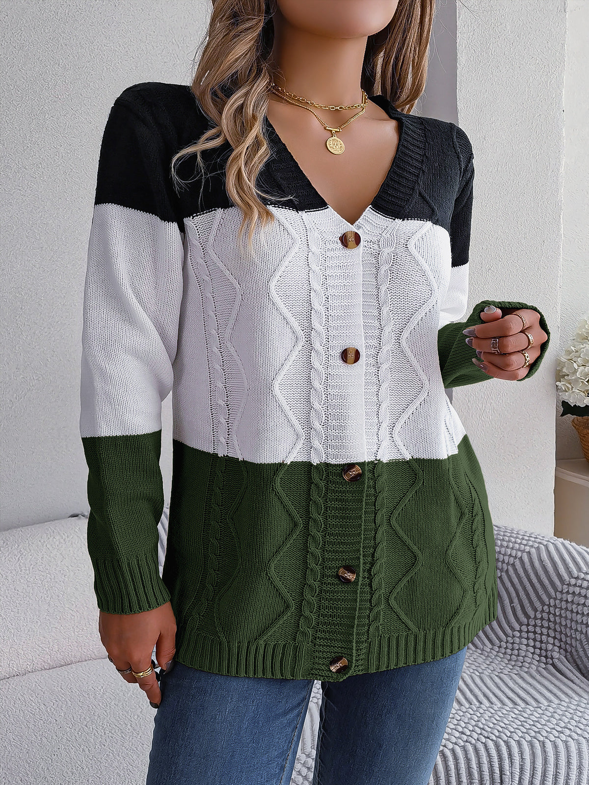 Colorblock V Neck Button Cable Cardigan - Green