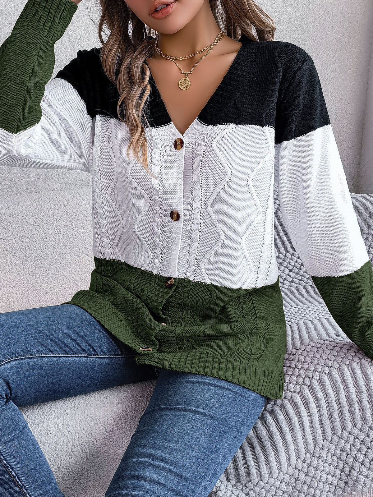 Colorblock V Neck Button Cable Cardigan - Green - 1