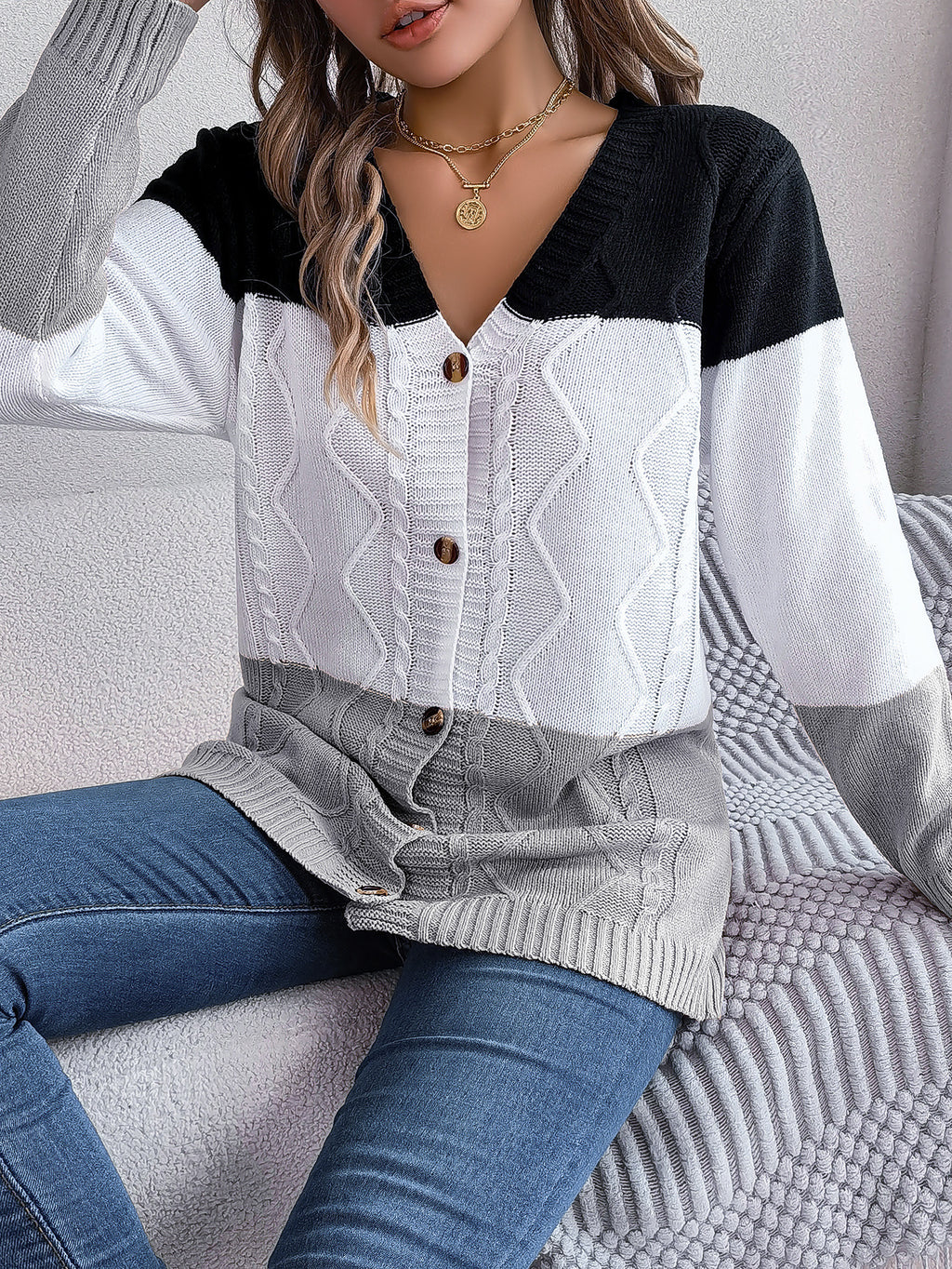 Colorblock V Neck Button Cable Cardigan - Grey - 1