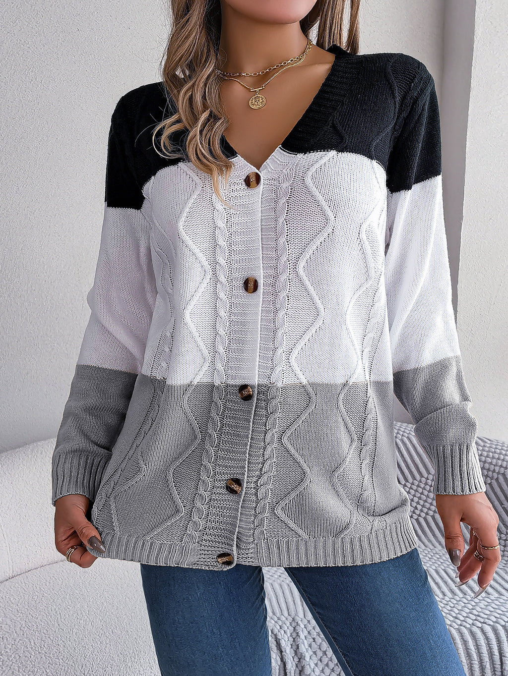 Colorblock V Neck Button Cable Cardigan - Grey - 2