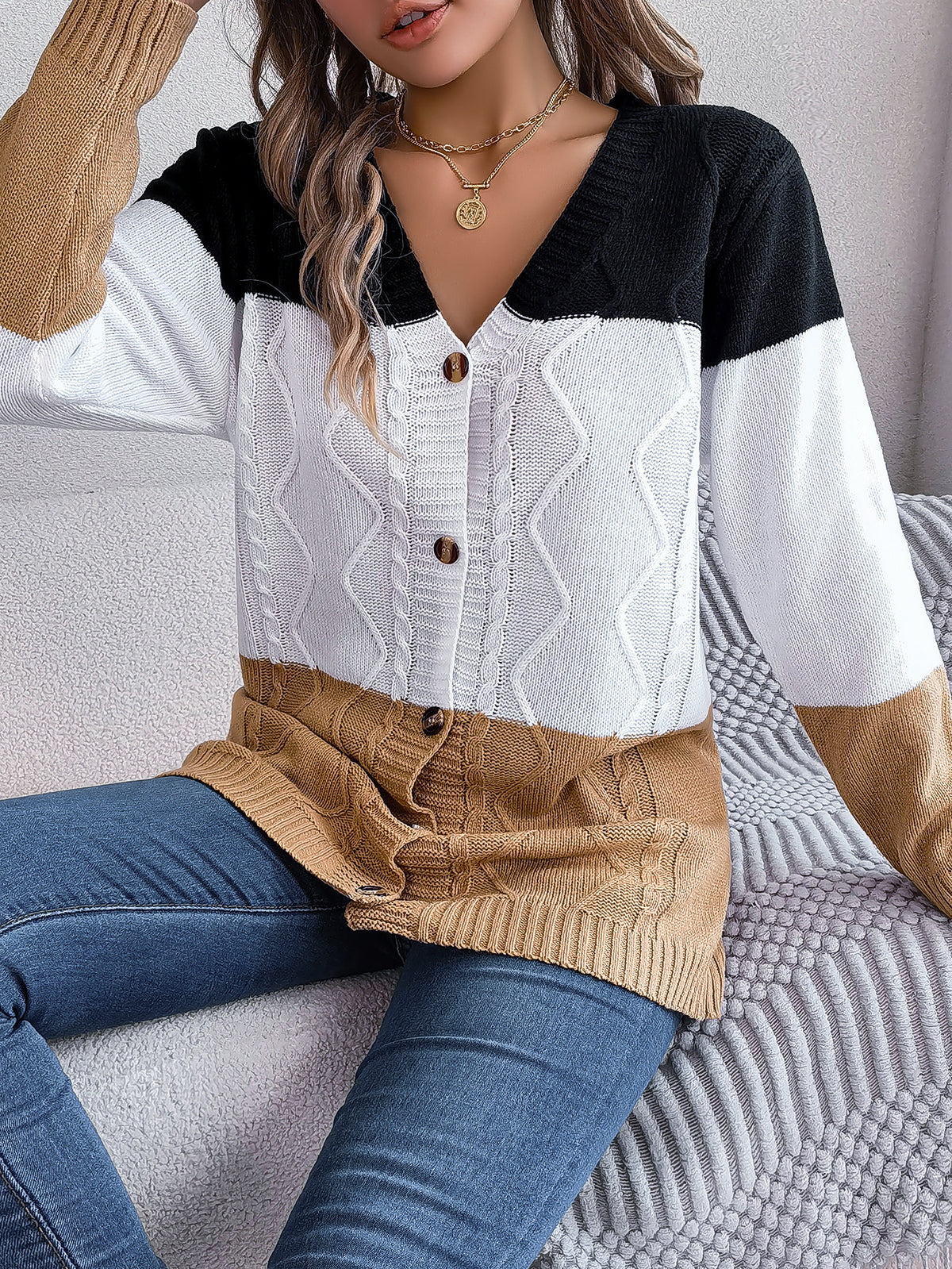 Colorblock V Neck Button Cable Cardigan - Khaki