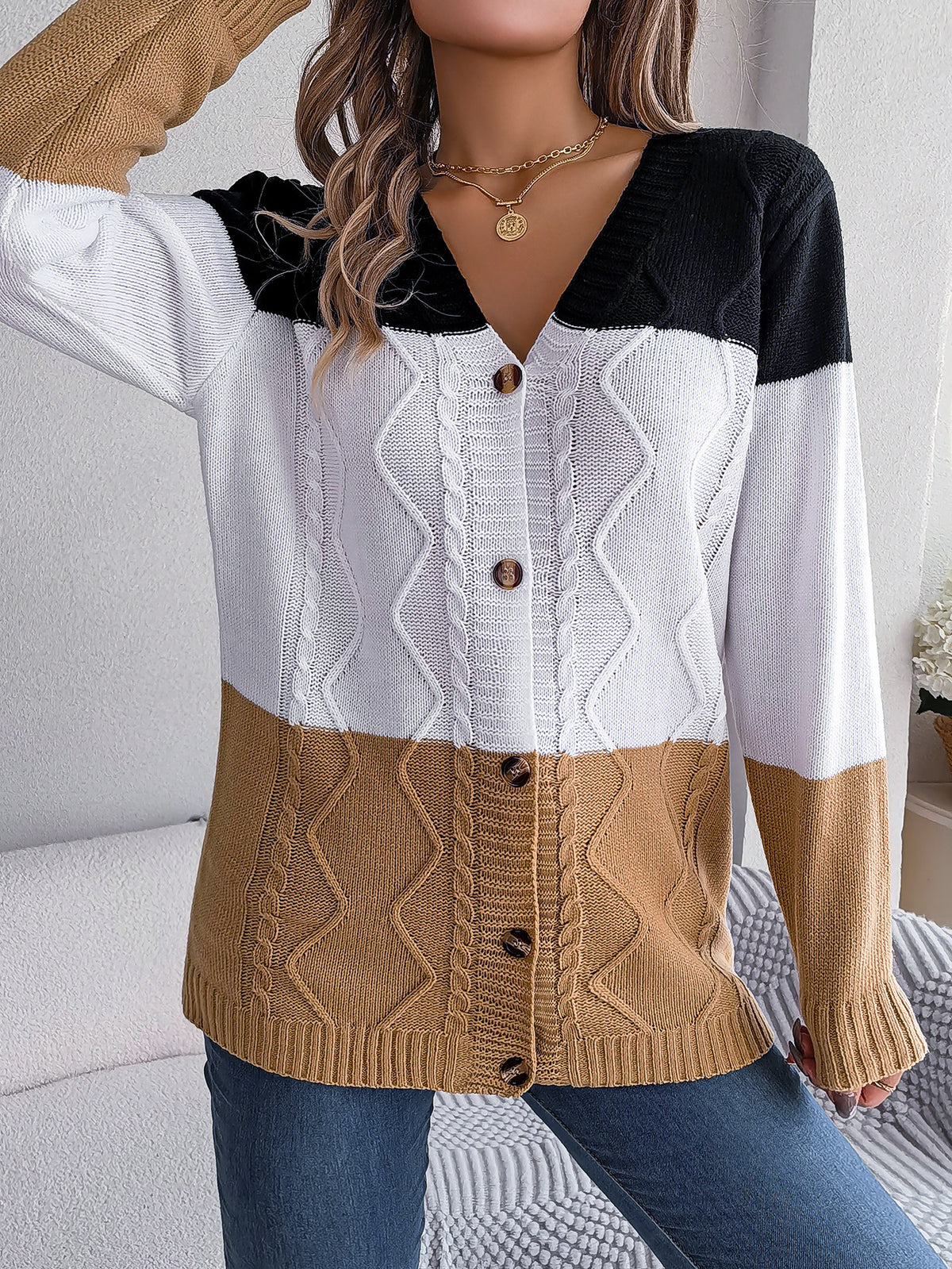 Colorblock V Neck Button Cable Cardigan - Khaki - 1