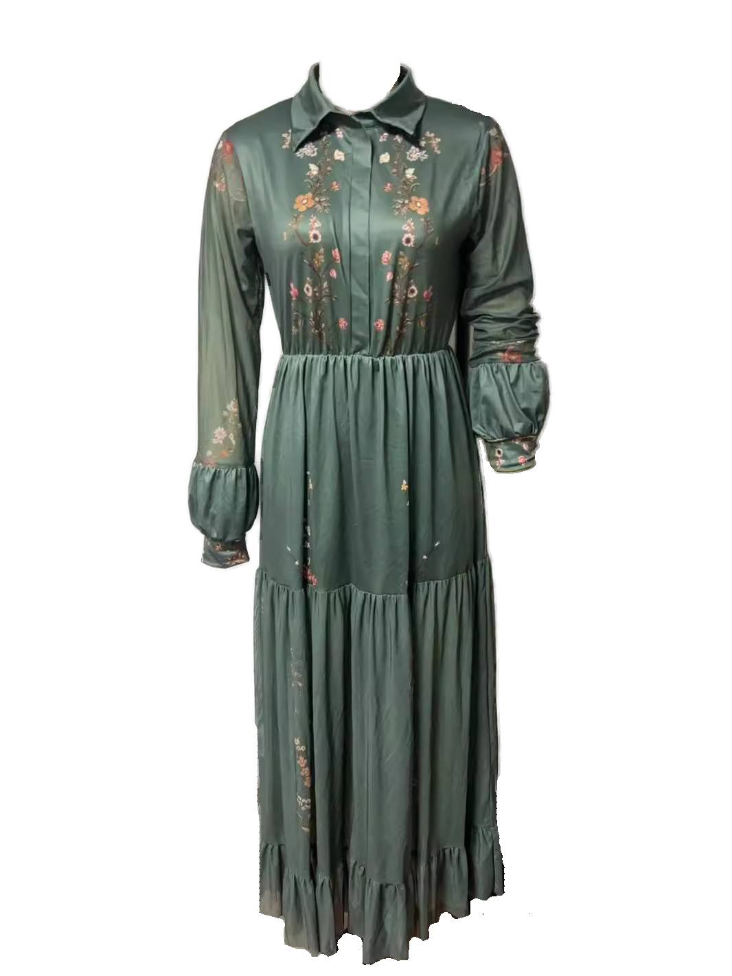 Embroidered Collared Long Sleeve Tiered Maxi Dress - green