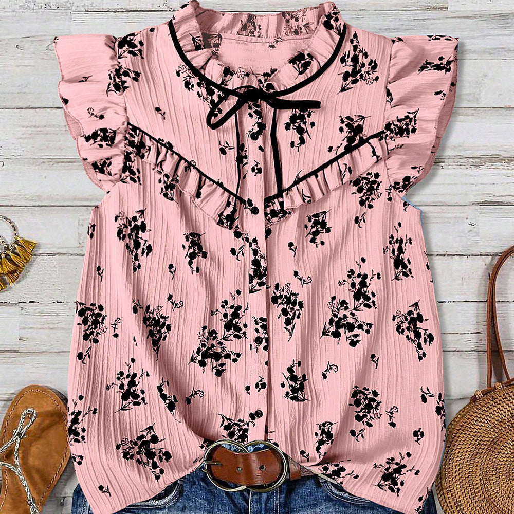 Ditsy Floral Tie Neck Ruffle Blouse - Pink