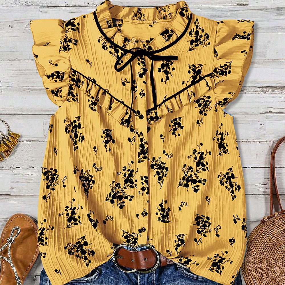 Ditsy Floral Tie Neck Ruffle Blouse - Yellow