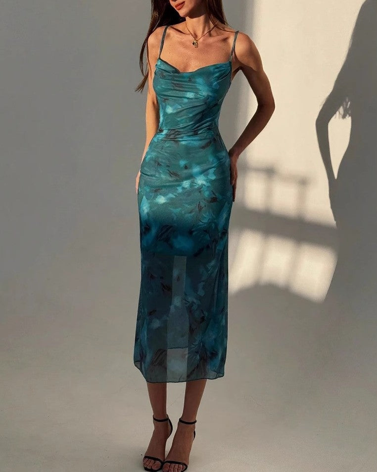 Ruched Mesh Cowl Neck Midi Dress - Green