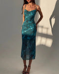Ruched Mesh Cowl Neck Midi Dress - Green