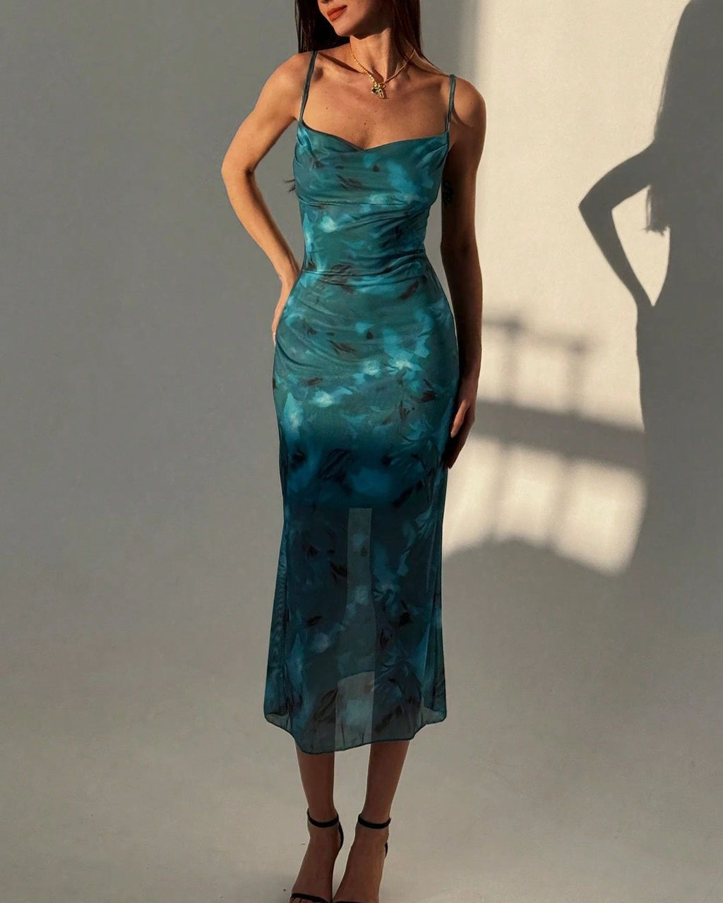 Ruched Mesh Cowl Neck Midi Dress - Green - 1