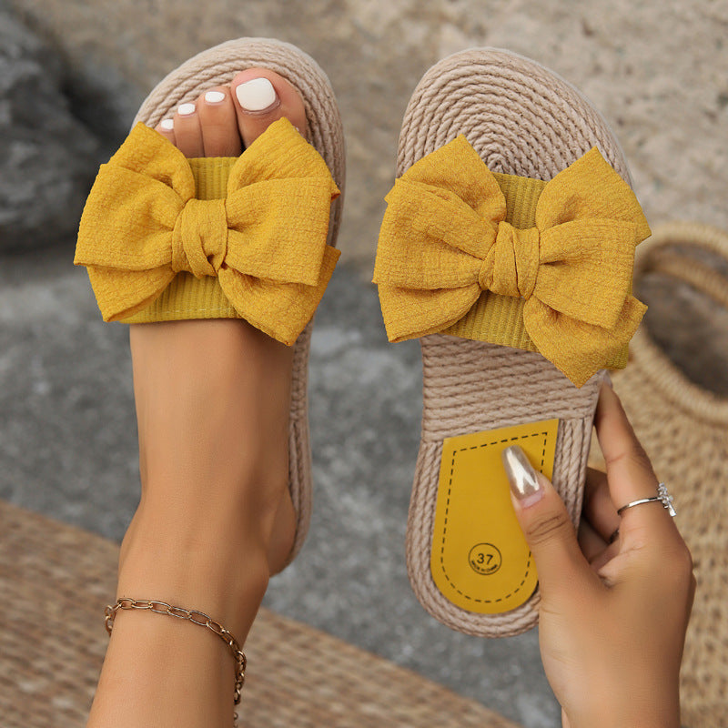 Knotted Bow Espadrille Platform Slide Sandals - Yellow