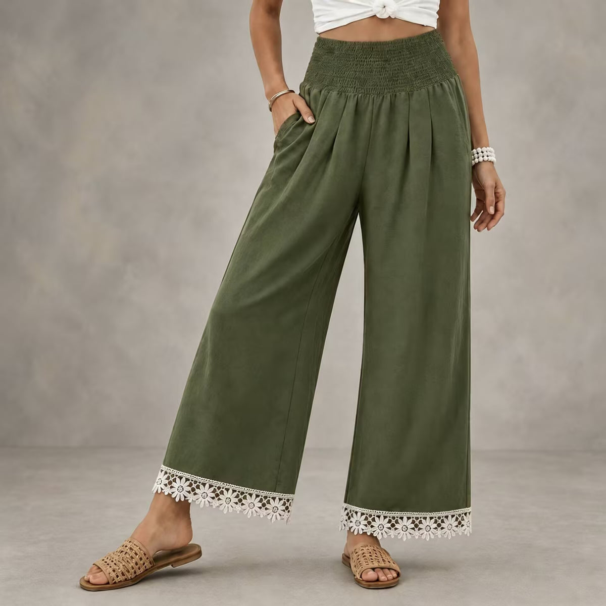 Lace Hem Wide Leg Pants With Smocked Waist - ArmyGreen