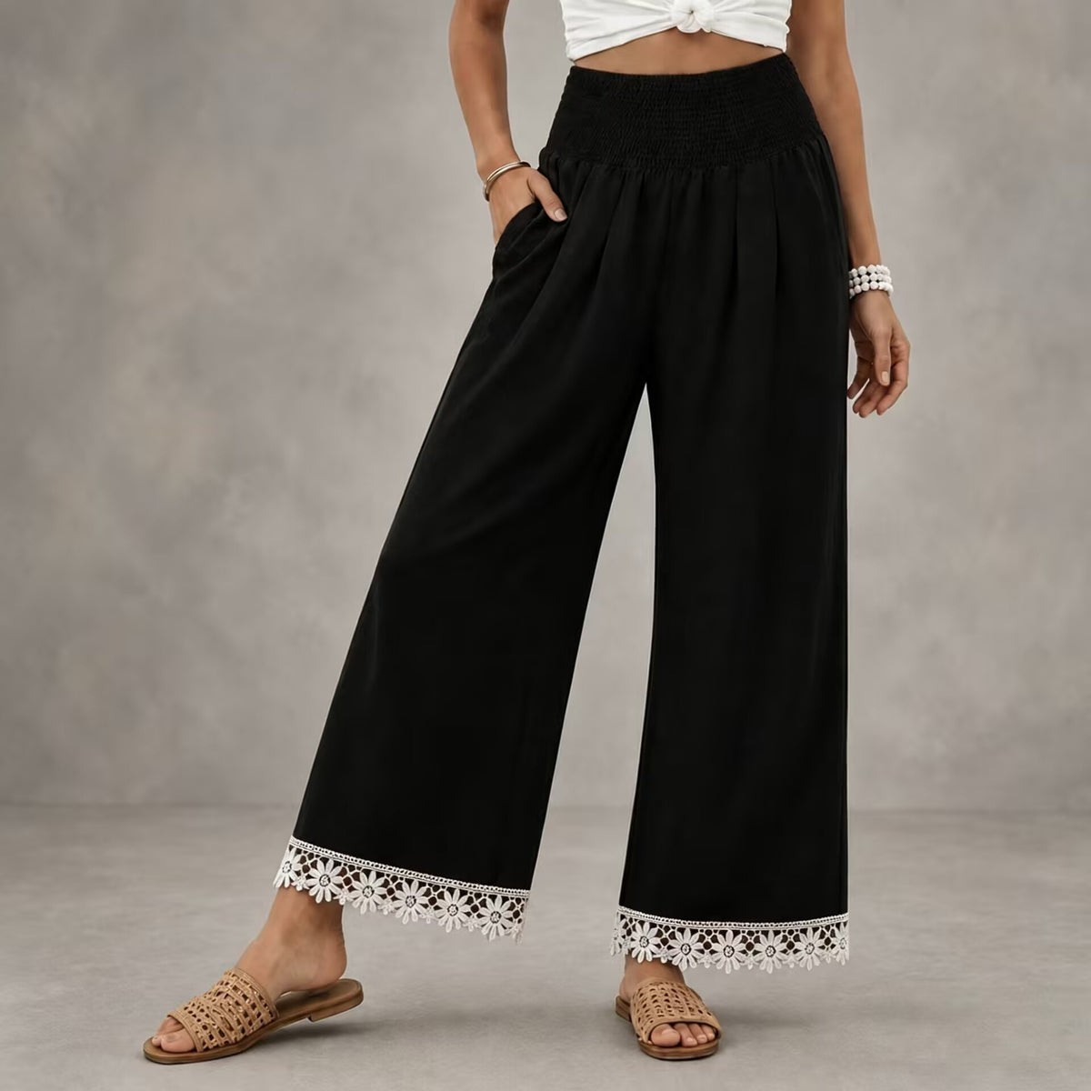 Lace Hem Wide Leg Pants With Smocked Waist - Black
