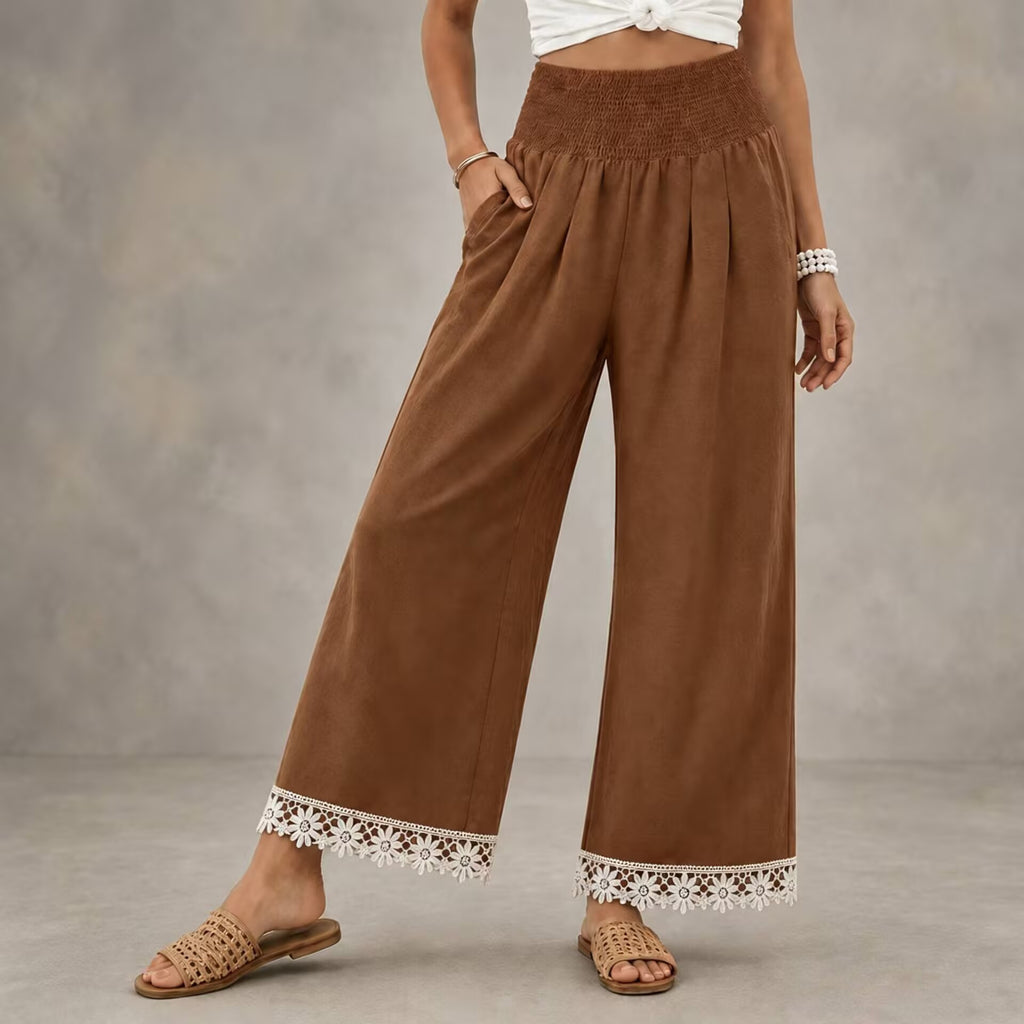Lace Hem Wide Leg Pants With Smocked Waist - Brown