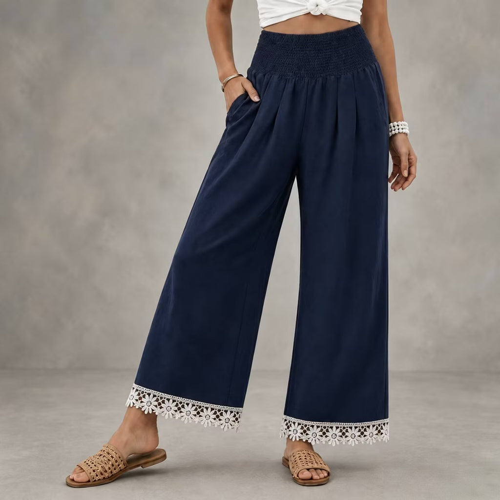 Lace Hem Wide Leg Pants With Smocked Waist - Navy