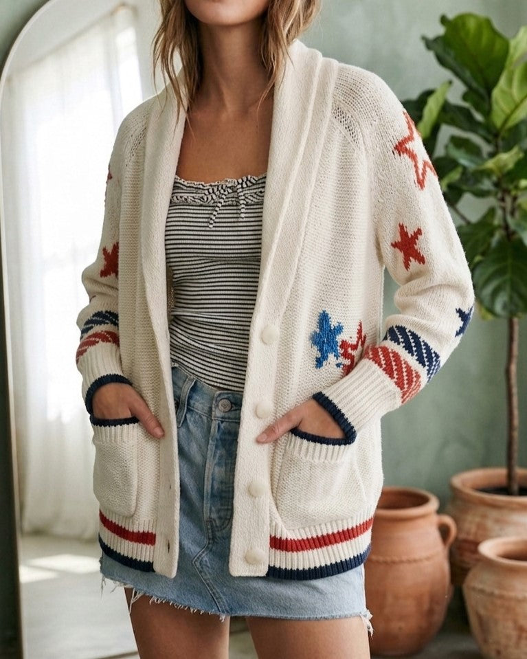 Americana Sailboat Shawl Collar Knit Cardigan - Ivory