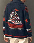 Americana Sailboat Shawl Collar Knit Cardigan - Navy