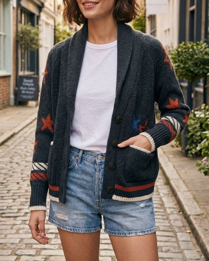 Americana Sailboat Shawl Collar Knit Cardigan - Navy - 1