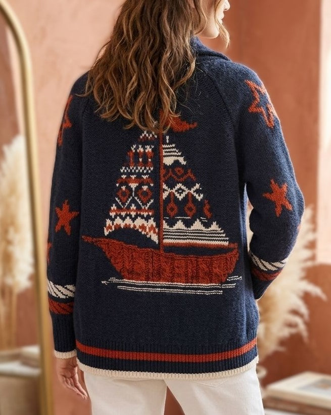 Americana Sailboat Shawl Collar Knit Cardigan - Navy - 2