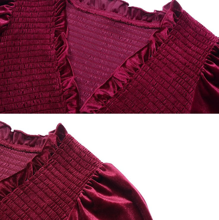Velvet Smocked Panel Long Sleeve Midi Dress - Winered
