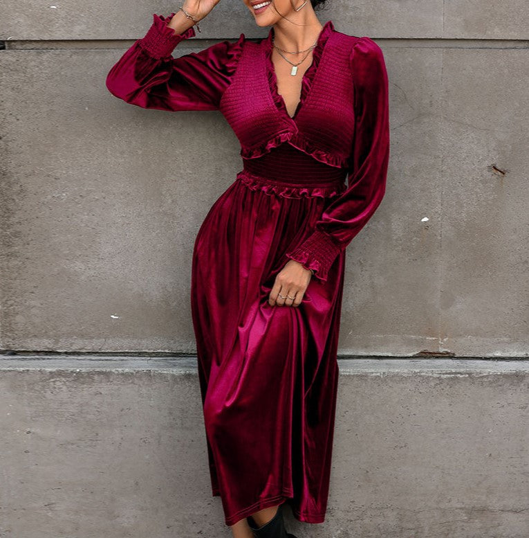 Velvet Smocked Panel Long Sleeve Midi Dress - Winered - 1