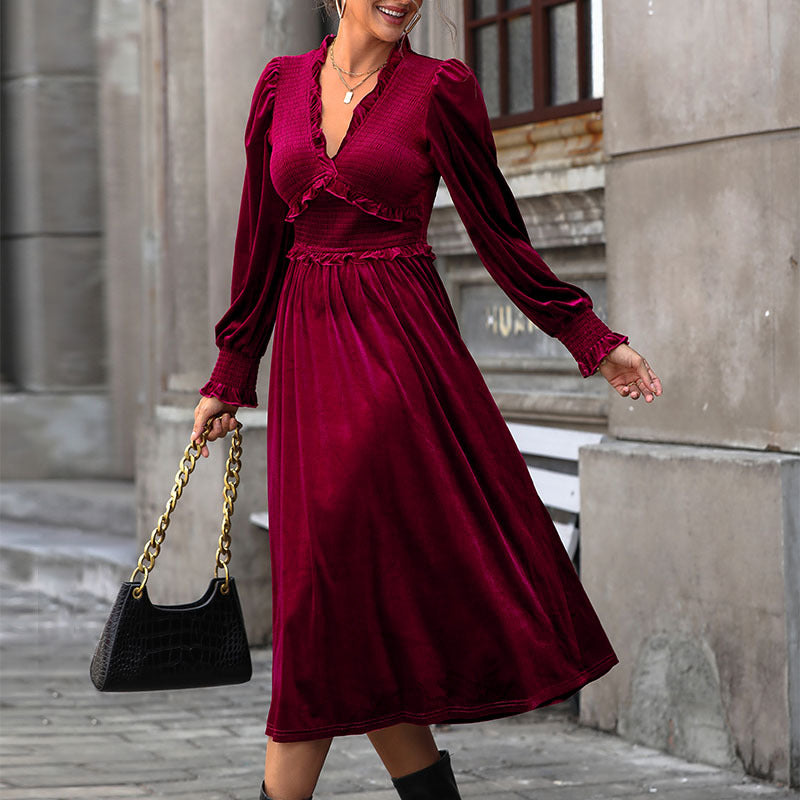 Velvet Smocked Panel Long Sleeve Midi Dress - Winered - 2