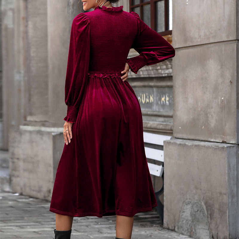 Velvet Smocked Panel Long Sleeve Midi Dress - Winered - 3