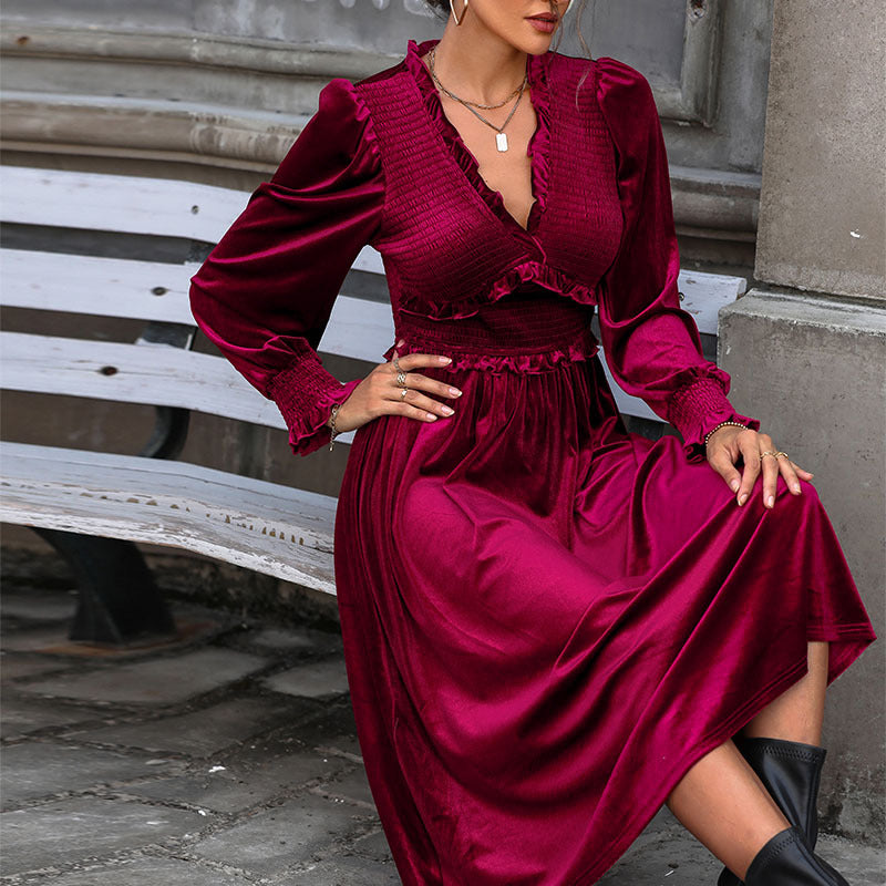 Velvet Smocked Panel Long Sleeve Midi Dress - Winered - 4