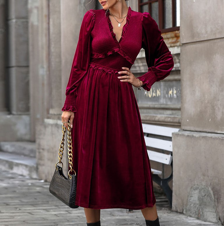 Velvet Smocked Panel Long Sleeve Midi Dress - Winered - 5