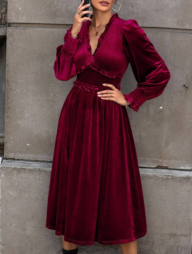 Velvet Smocked Panel Long Sleeve Midi Dress