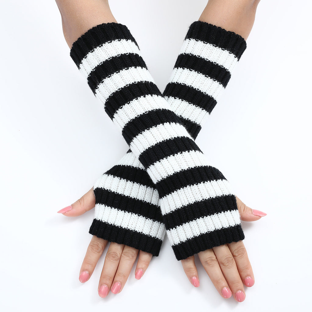Bold Striped Knit Fingerless Long Gloves - Black