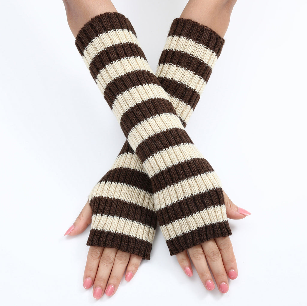 Bold Striped Knit Fingerless Long Gloves - Coffee