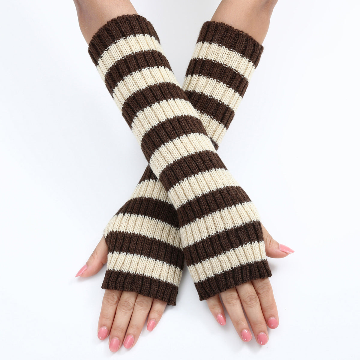Bold Striped Knit Fingerless Long Gloves - Coffee