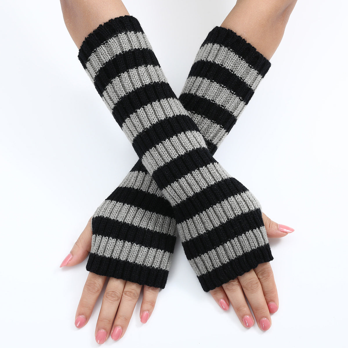 Bold Striped Knit Fingerless Long Gloves - Gray