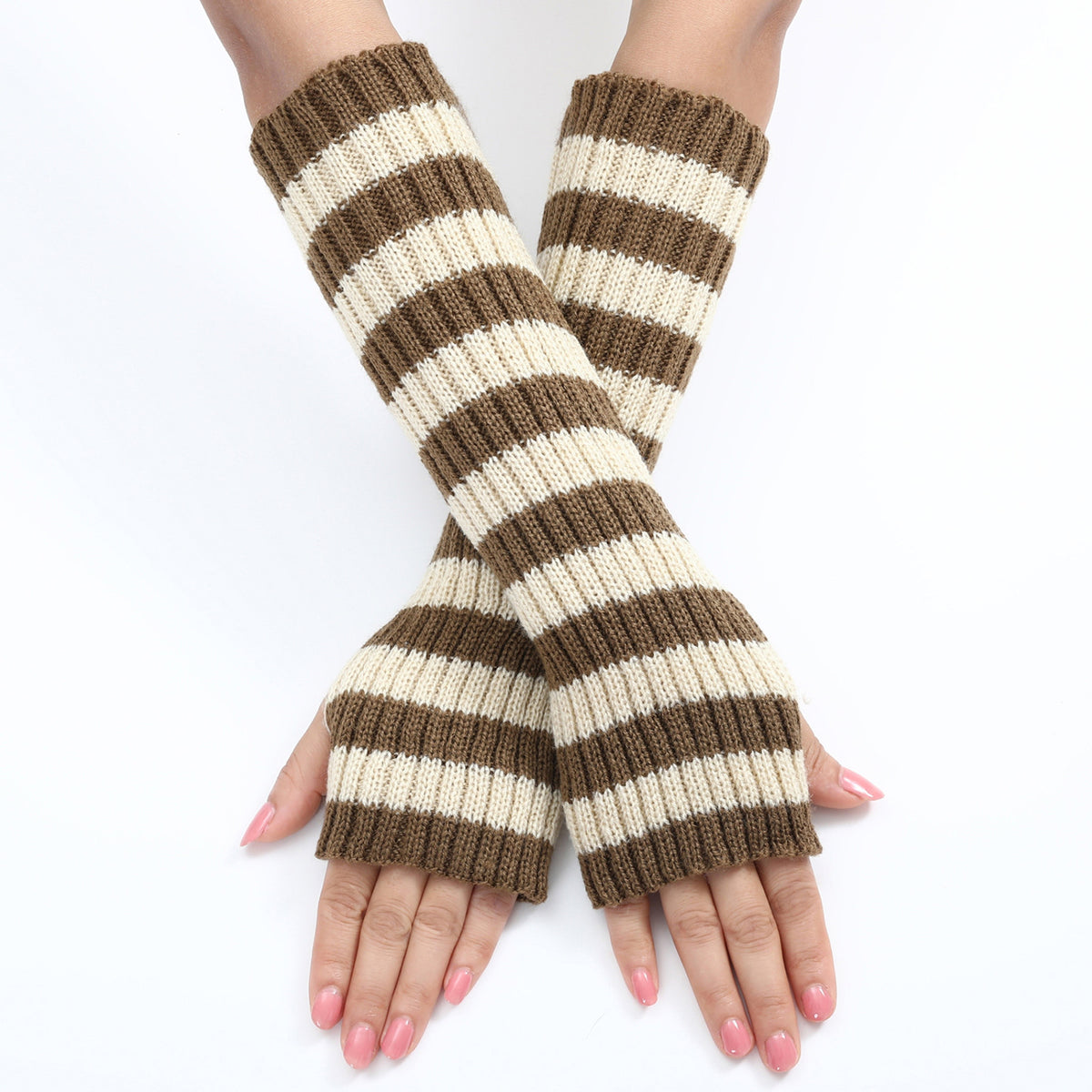Bold Striped Knit Fingerless Long Gloves - Khaki