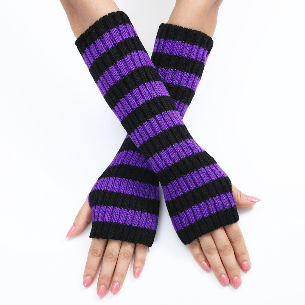 Bold Striped Knit Fingerless Long Gloves - Purple