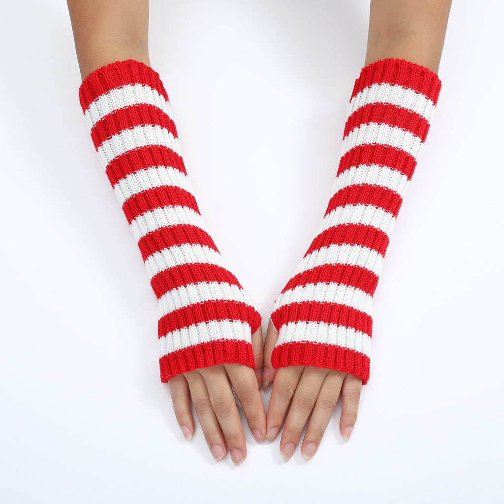 Bold Striped Knit Fingerless Long Gloves - Red - 1