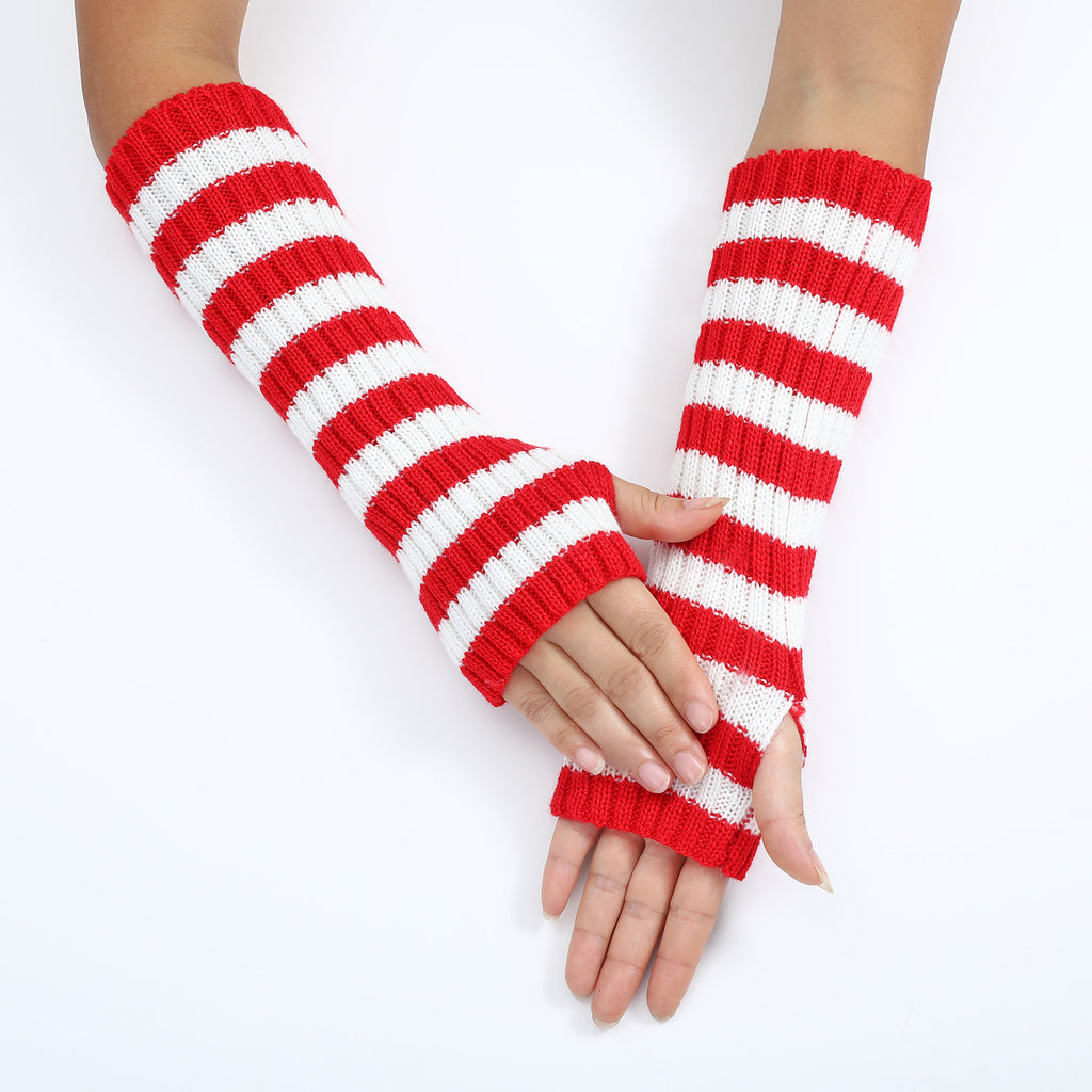 Bold Striped Knit Fingerless Long Gloves - Red - 2