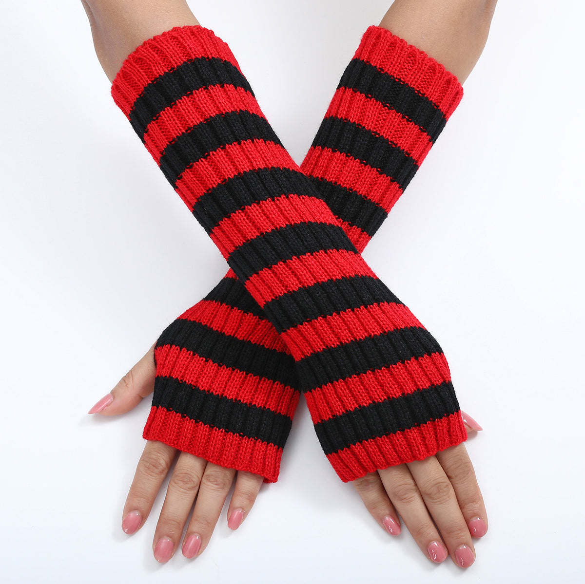 Bold Striped Knit Fingerless Long Gloves - RedBlack