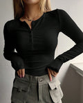 Ribbed Henley Button Slim Fit Tee - Black