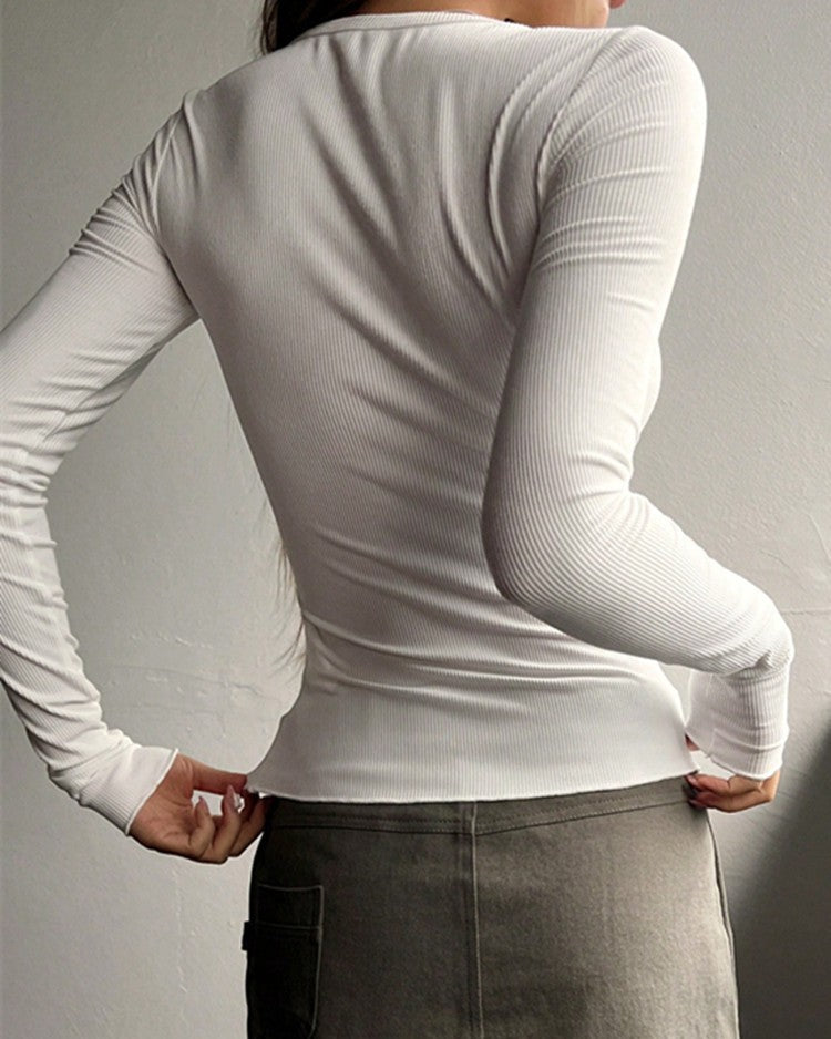 Ribbed Henley Button Slim Fit Tee - White - 2