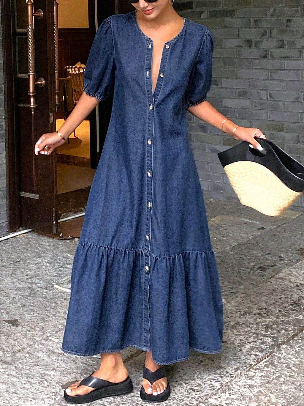 Puff Sleeve Tiered Denim Maxi Dress - DarkBlue