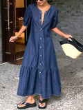 Puff Sleeve Tiered Denim Maxi Dress - DarkBlue