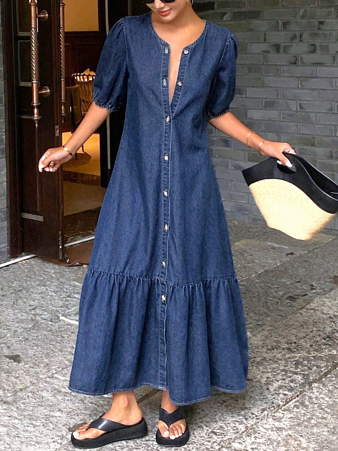 Puff Sleeve Tiered Denim Maxi Dress - DarkBlue