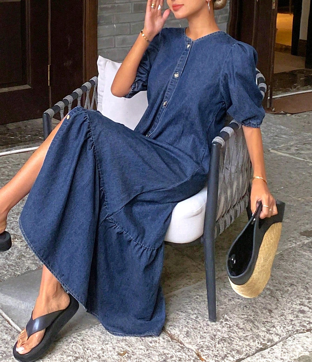 Puff Sleeve Tiered Denim Maxi Dress - DarkBlue - 1