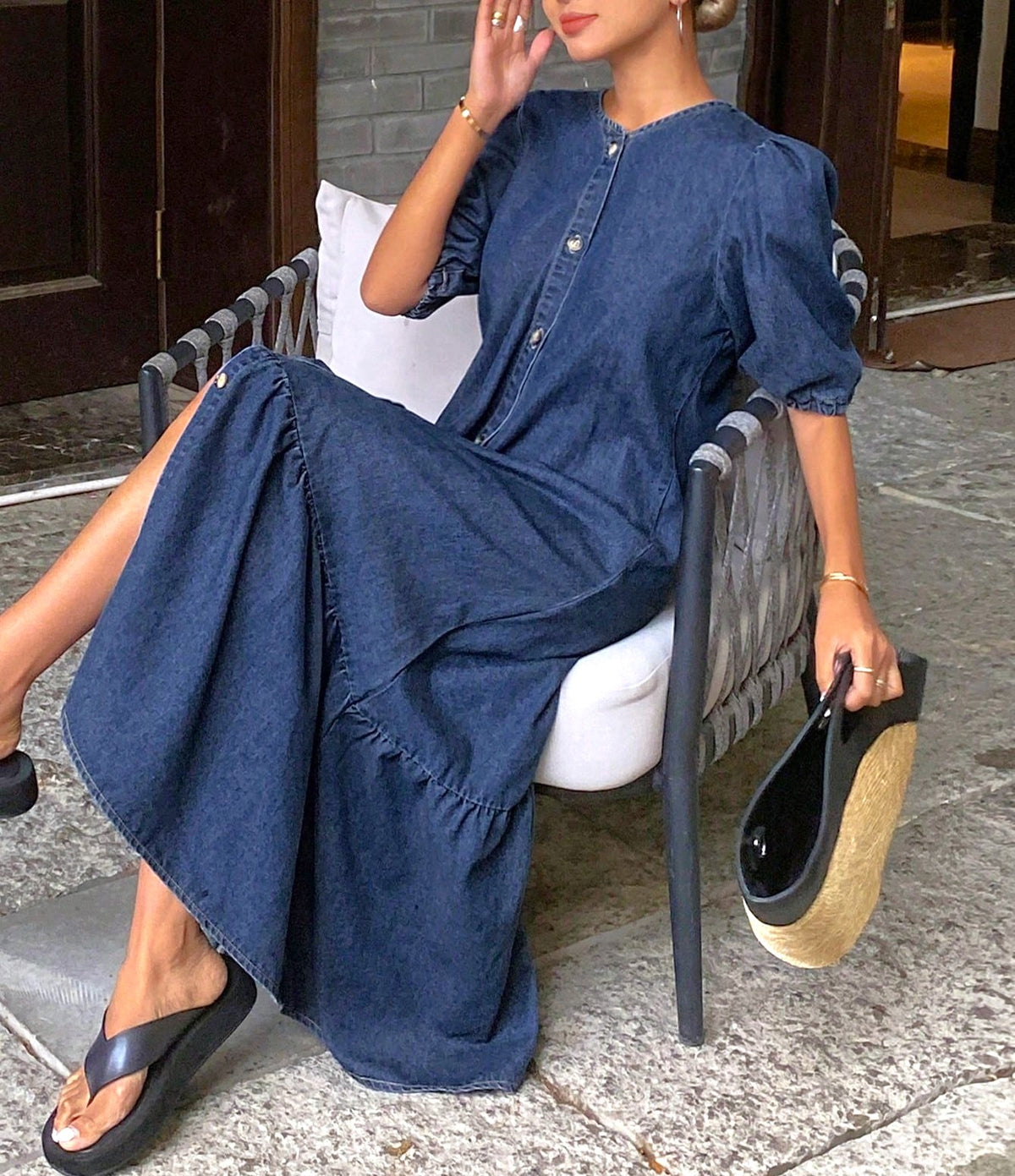 Puff Sleeve Tiered Denim Maxi Dress - DarkBlue - 1