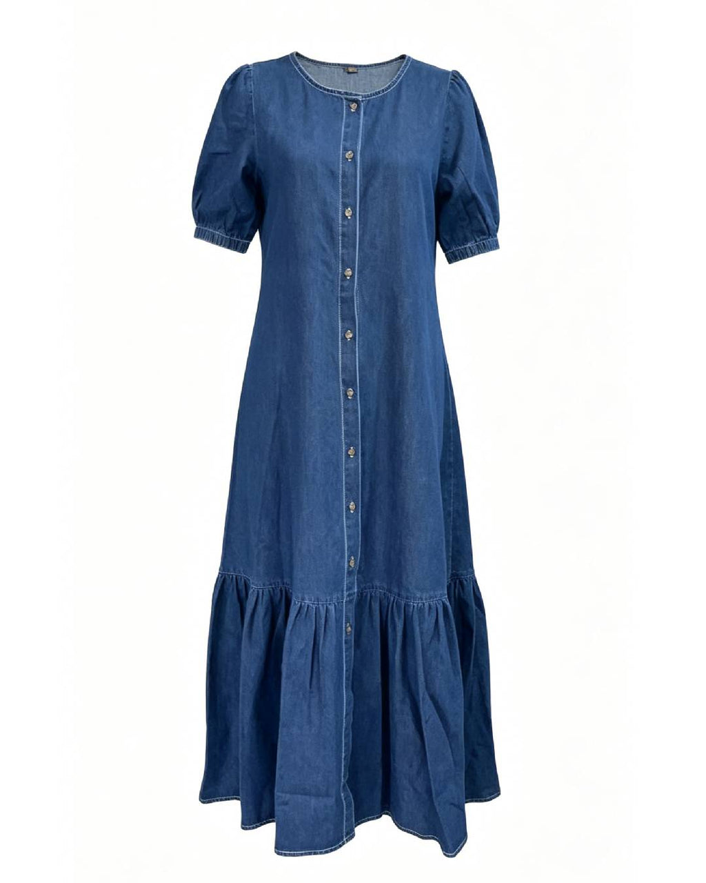 Puff Sleeve Tiered Denim Maxi Dress - DarkBlue - 2