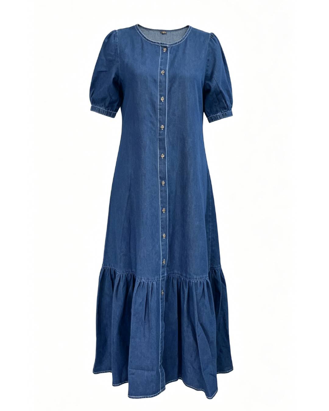 Puff Sleeve Tiered Denim Maxi Dress - DarkBlue - 2