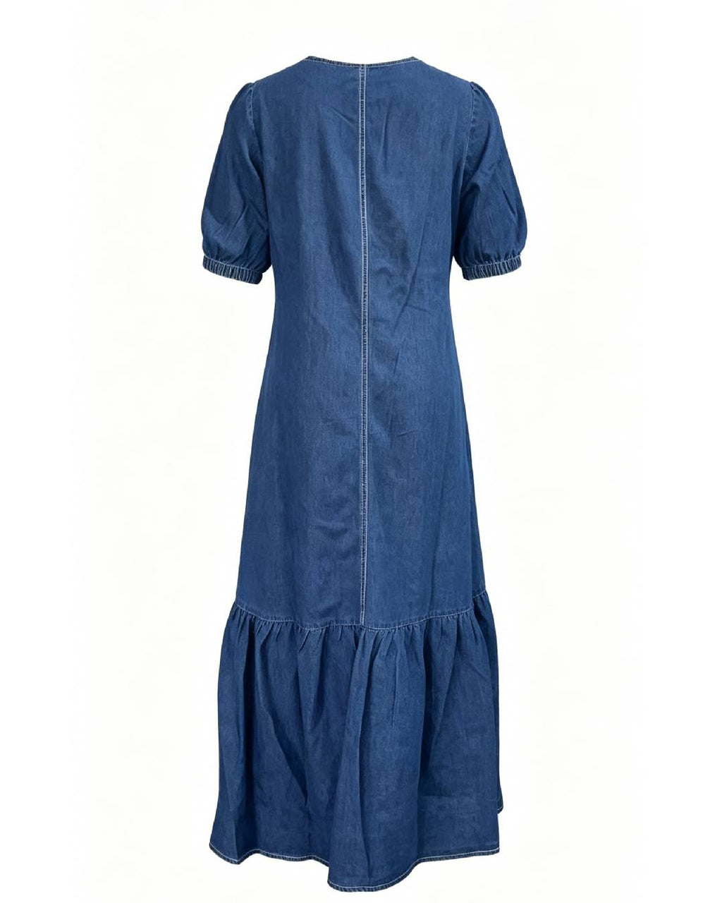 Puff Sleeve Tiered Denim Maxi Dress - DarkBlue - 3