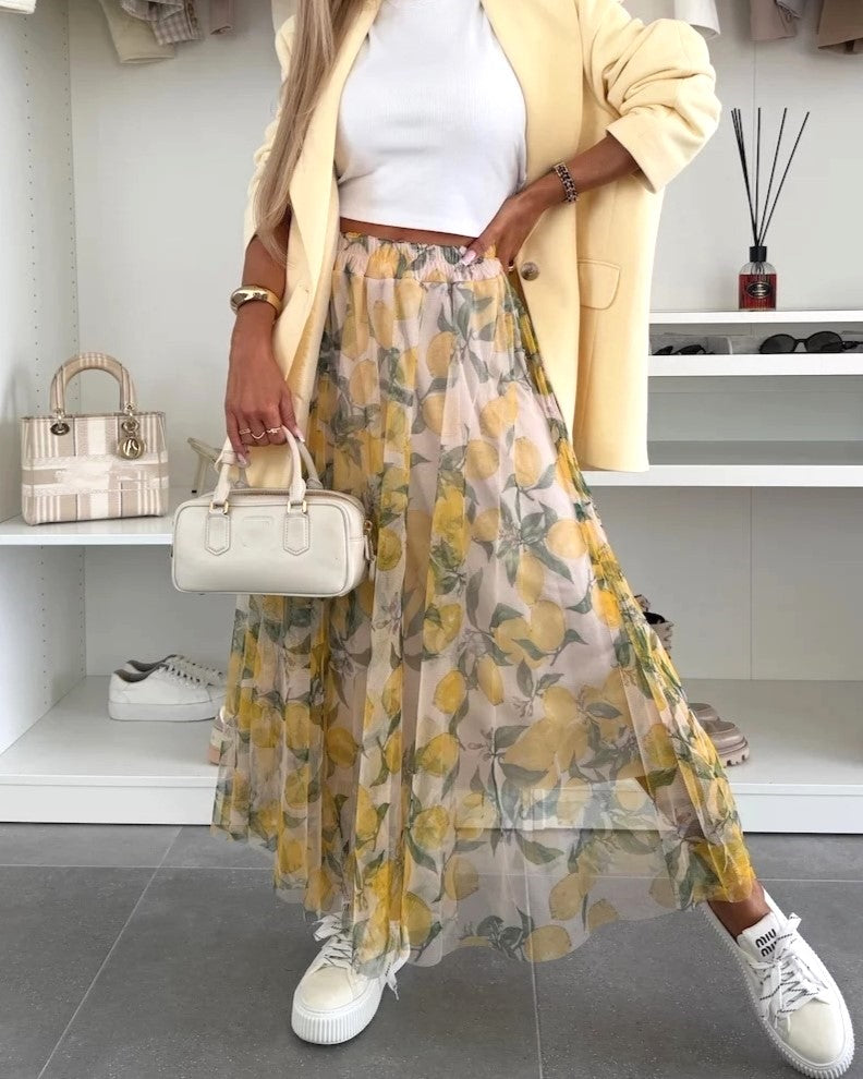 Lemon Print Sheer Mesh Maxi Skirt - Lemon